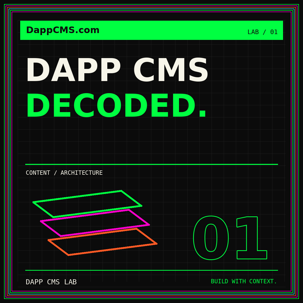Neon Dapp CMS Decoded typography card with a layered content architecture symbol and multicolor pinstripe frame.